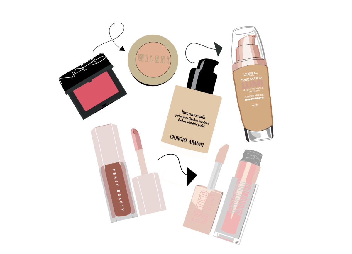 Graphic of high-end makeup products with their budget-friendly drugstore alternatives. (Hustler Multimedia/Sarah Parish)